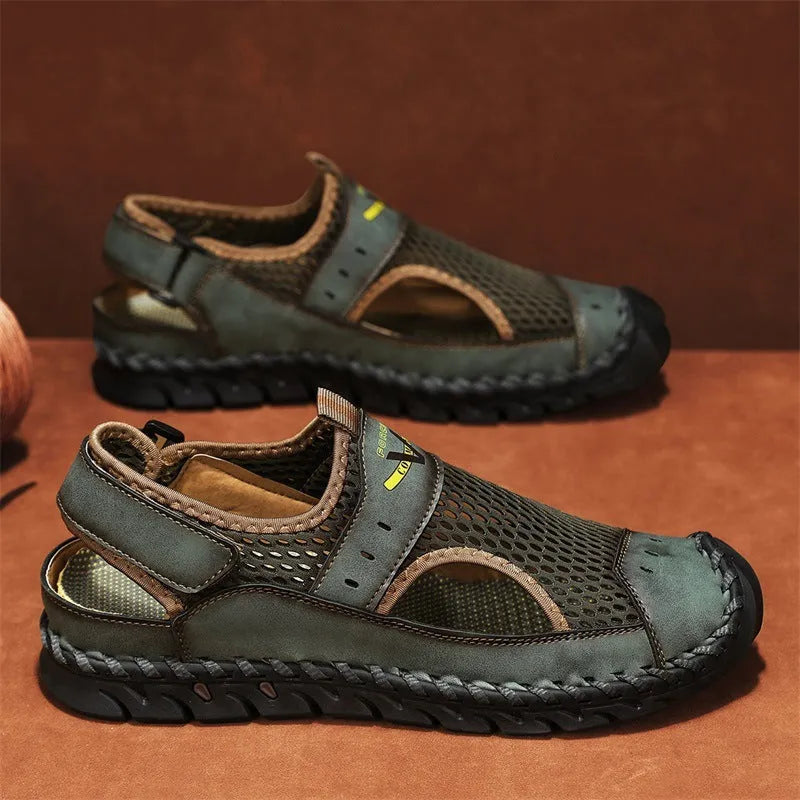 Men's mesh breathable hollow shoes in black genuine leather with rubber sole, low-top design