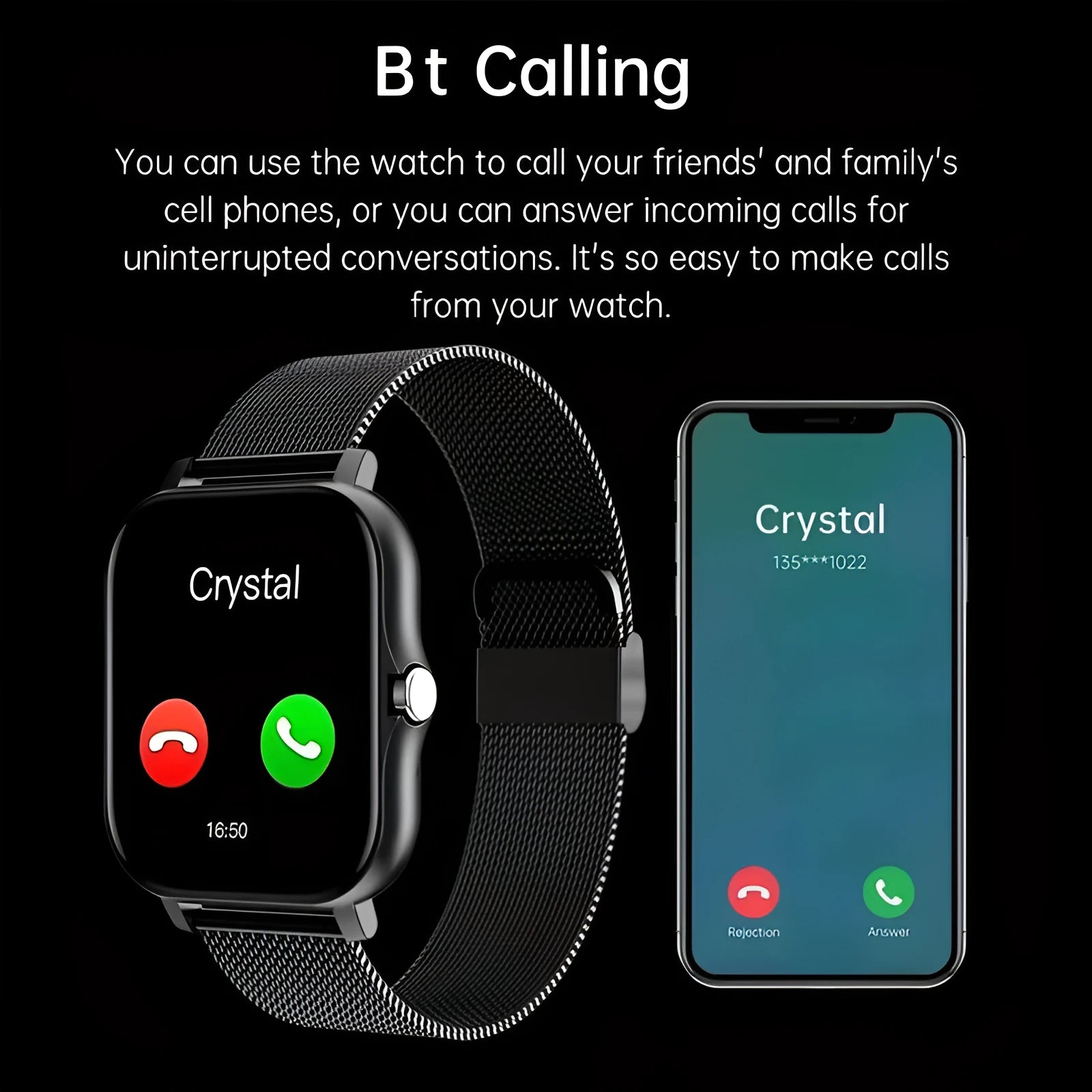 Smart watch with 1.44-inch touch screen showing heart rate display on silicone strap