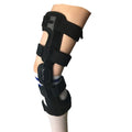Black anterior ligament knee support brace showing composite construction with iron and cloth materials.