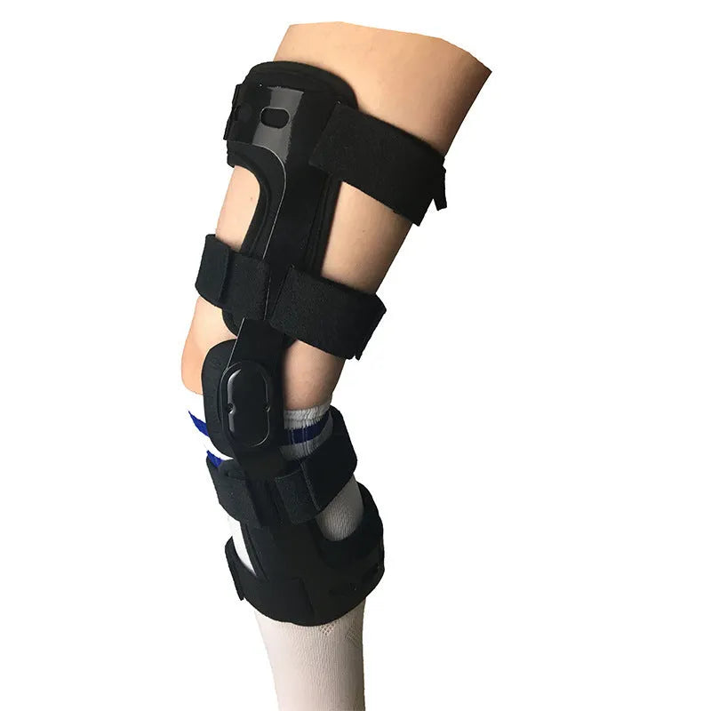 Black anterior ligament knee support brace showing composite construction with iron and cloth materials.