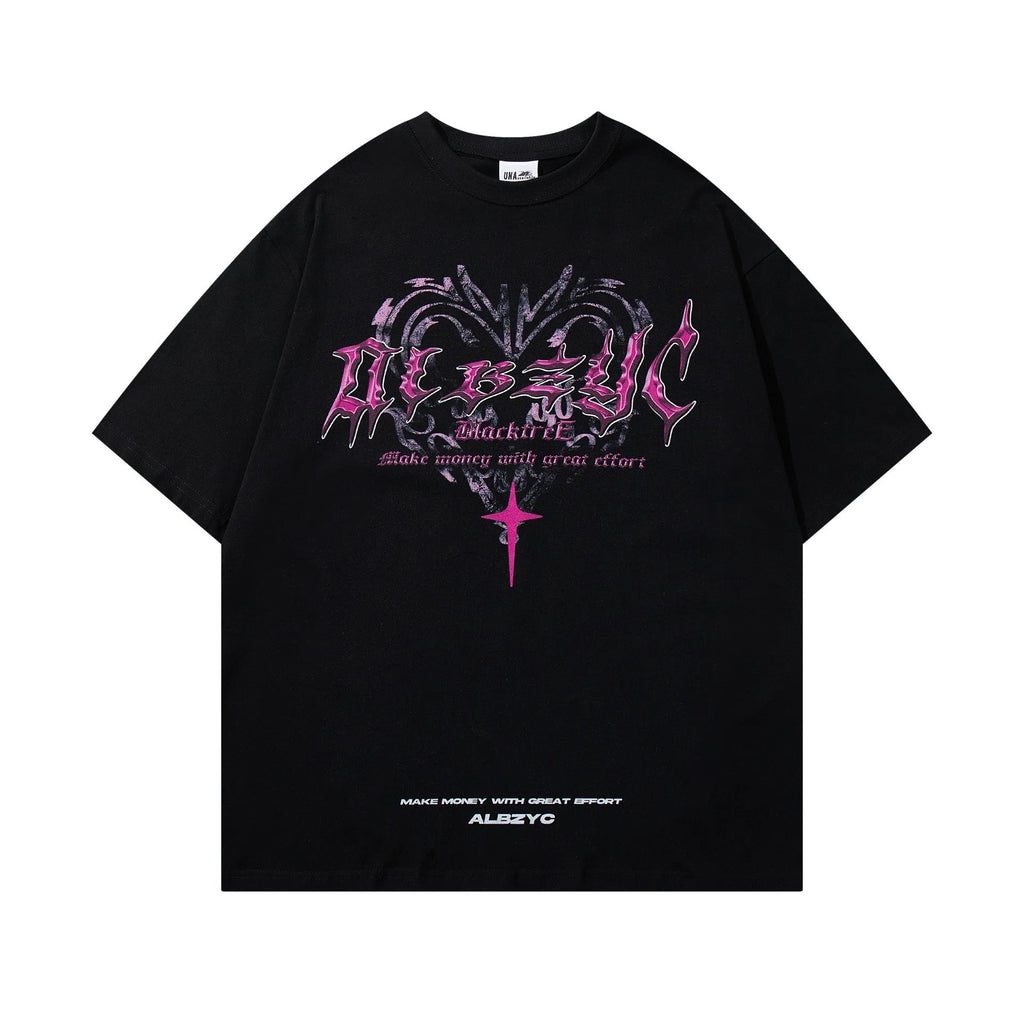 Man wearing a black retro graphic print cotton t-shirt with a loose fit and short sleeves.