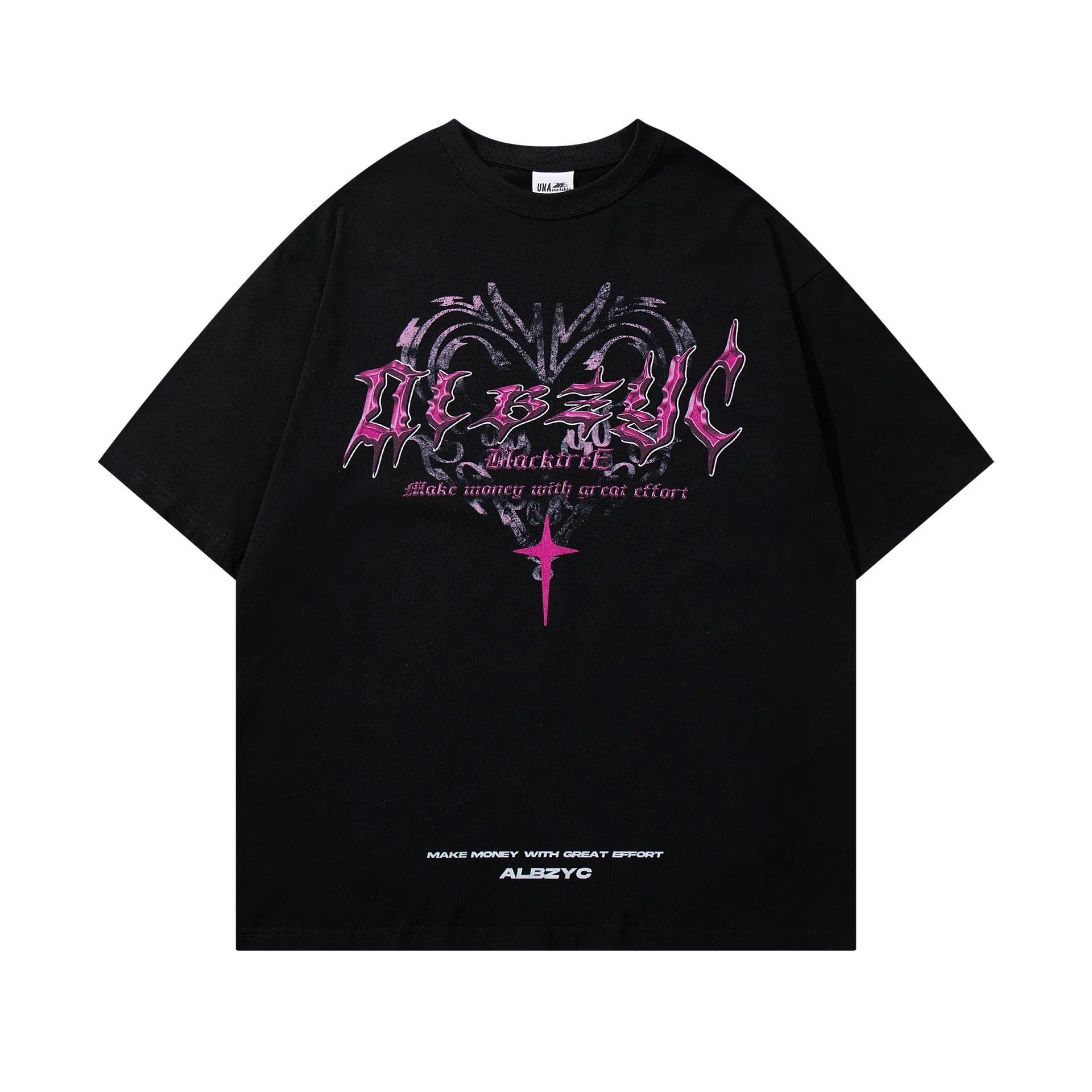 Man wearing a black retro graphic print cotton t-shirt with a loose fit and short sleeves.