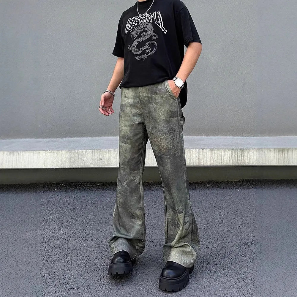 Men's straight-leg camouflage print jeans on a white background