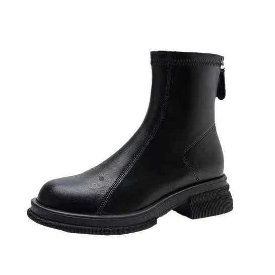 Women's black ankle boots with flat heel and rear zipper, round toe design