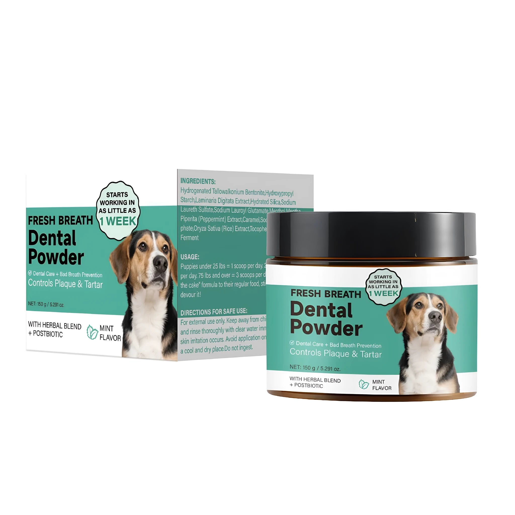 150g container of dog breath tooth cleaning powder with malt extract flavour