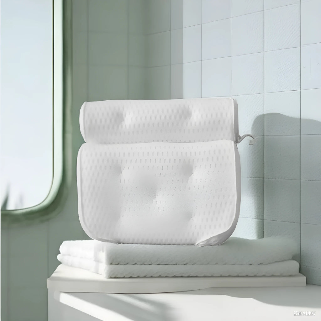 White bathtub pillow with 4D mesh fabric and 7 suction cups on a 3D material cover.