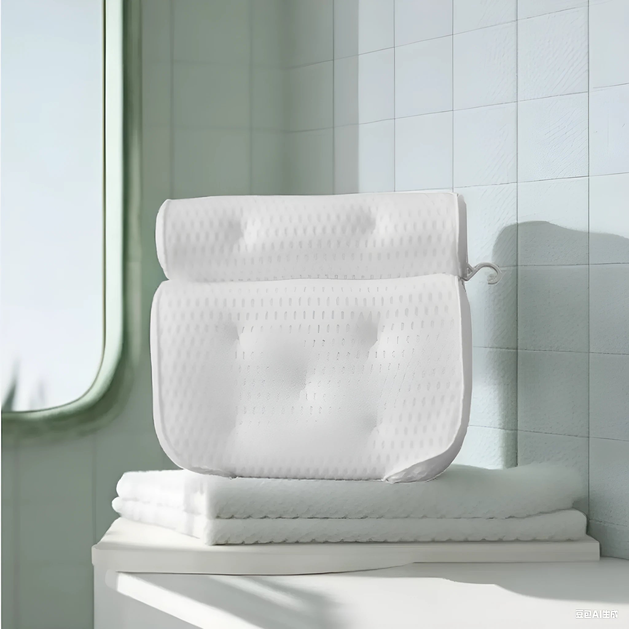 White bathtub pillow with 4D mesh fabric and 7 suction cups on a 3D material cover.