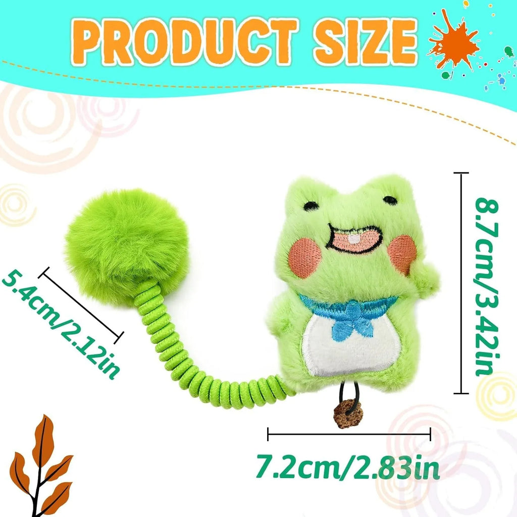 4-in-1 cat toy with plush animal, silvervine fruit, stretchable spring and fuzzy ball on white background