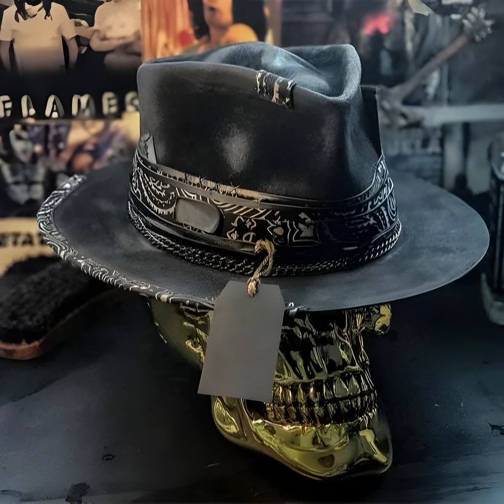 Handmade wool felt skull hat with conical crown showing Halloween design