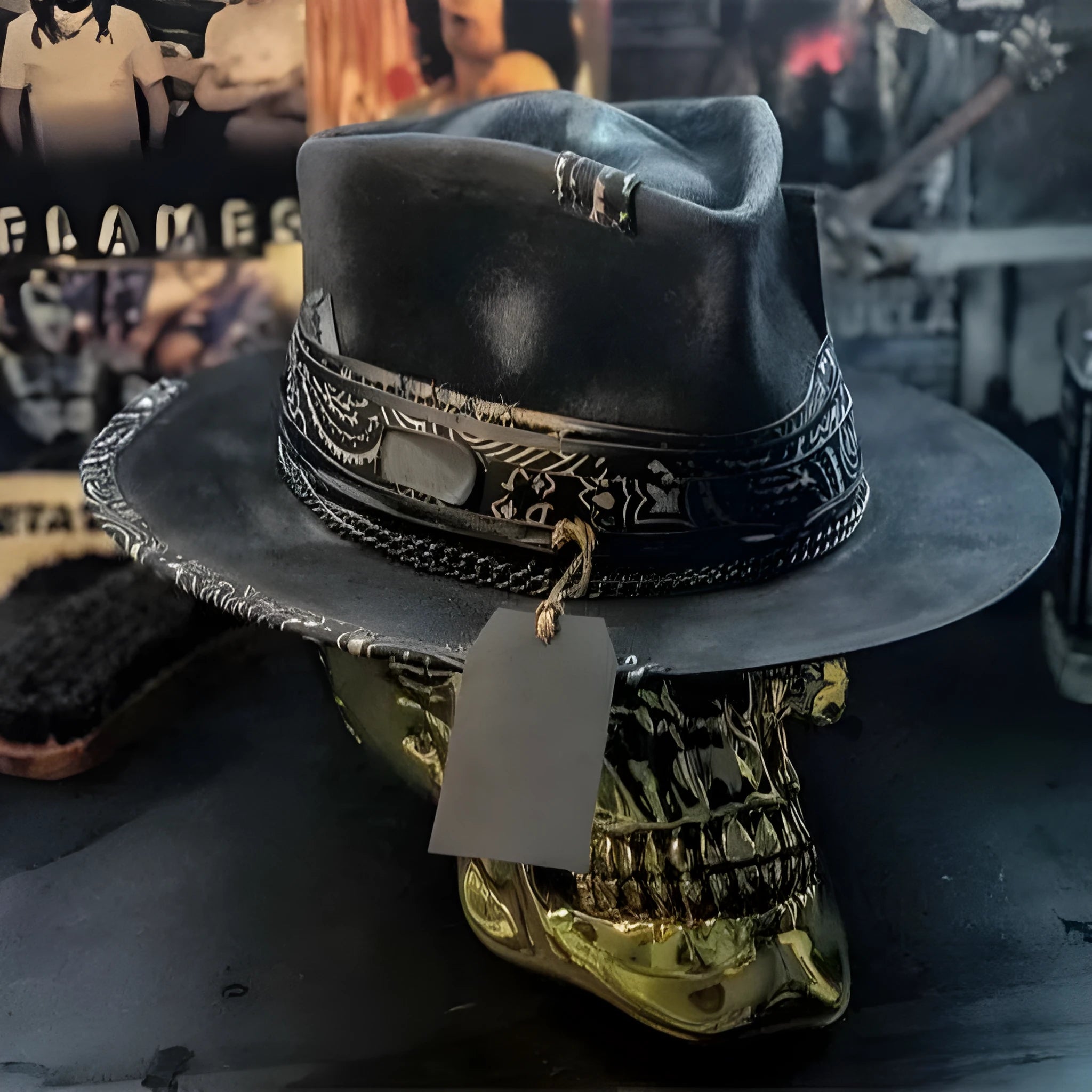 Handmade wool felt skull hat with conical crown showing Halloween design
