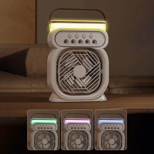 3-in-1 portable evaporative air cooler with LED night lights on a desk in home office