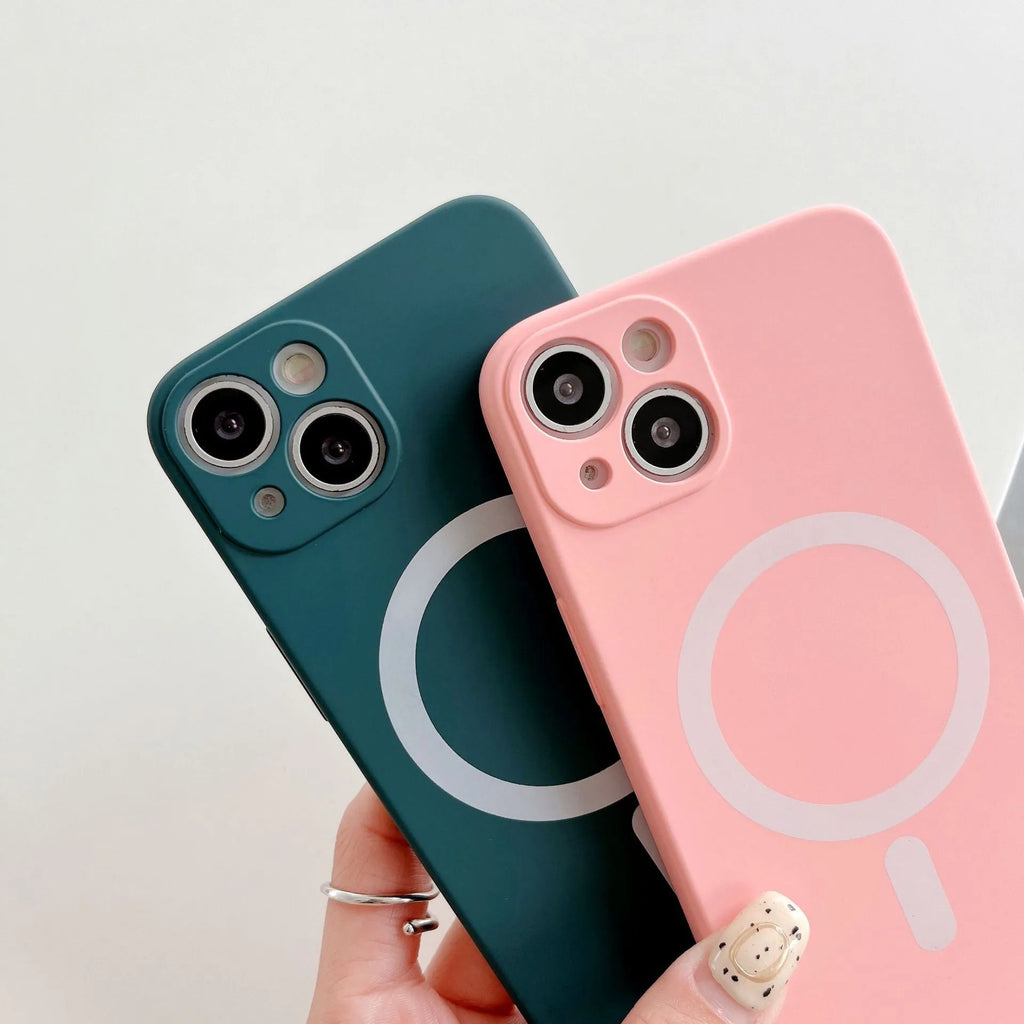 Magnetic TPU phone case for iPhone showing back cover with wireless charging ring in multiple colours