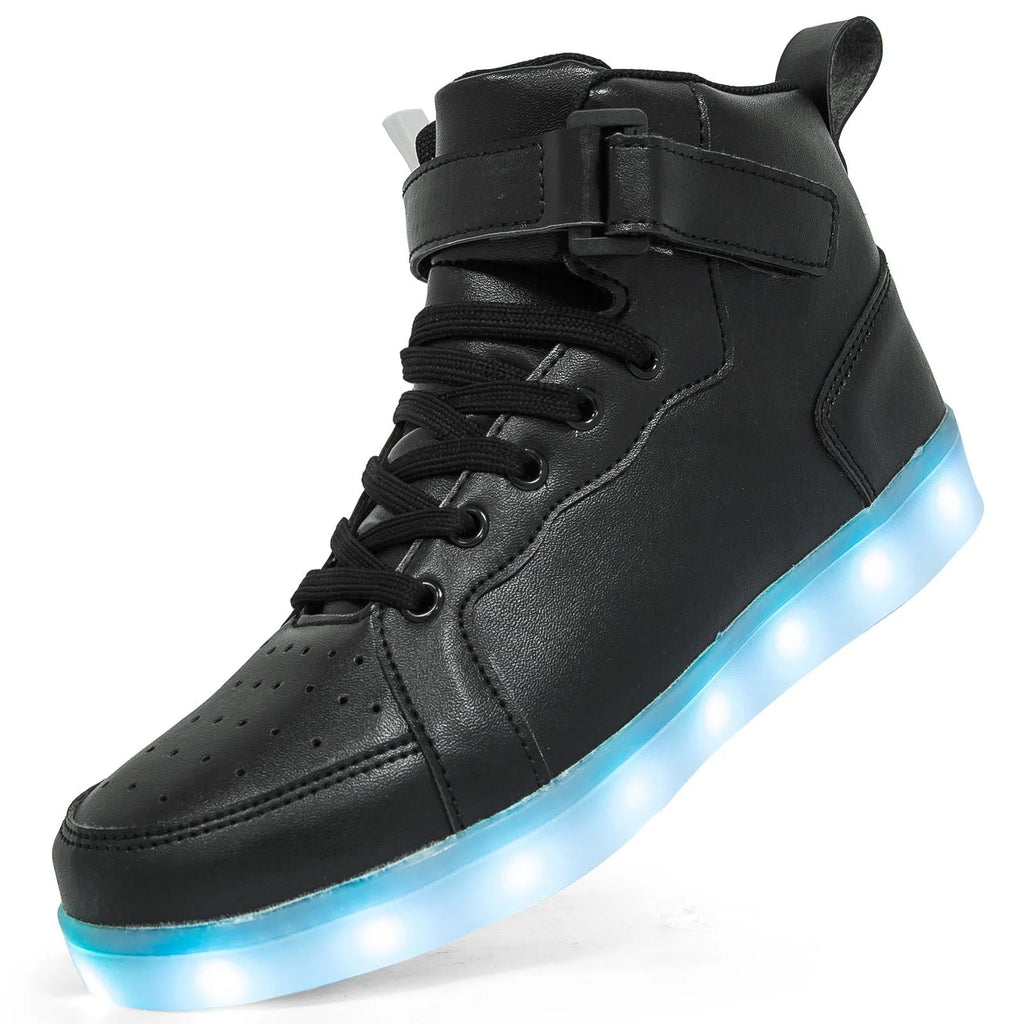 LED high-top board shoes with velcro strap and light-up sole in black, gold, and white colours