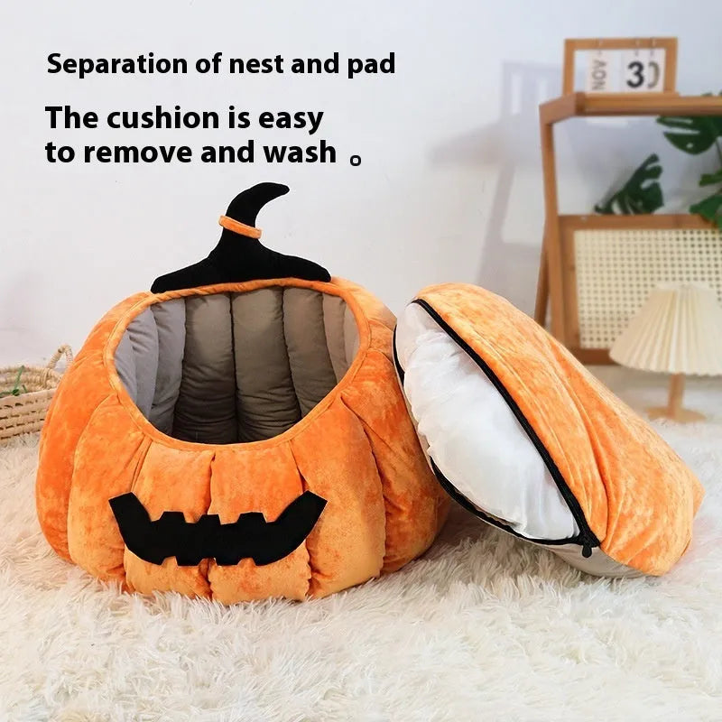 Winter warm pet Halloween nest cat bed in orange pumpkin design, cloth material