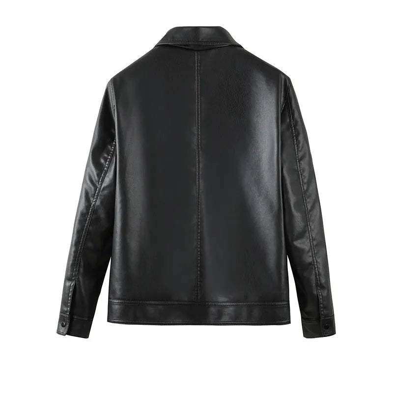 Men's black loose-fit PU leather casual jacket with zipper pockets on a plain background.
