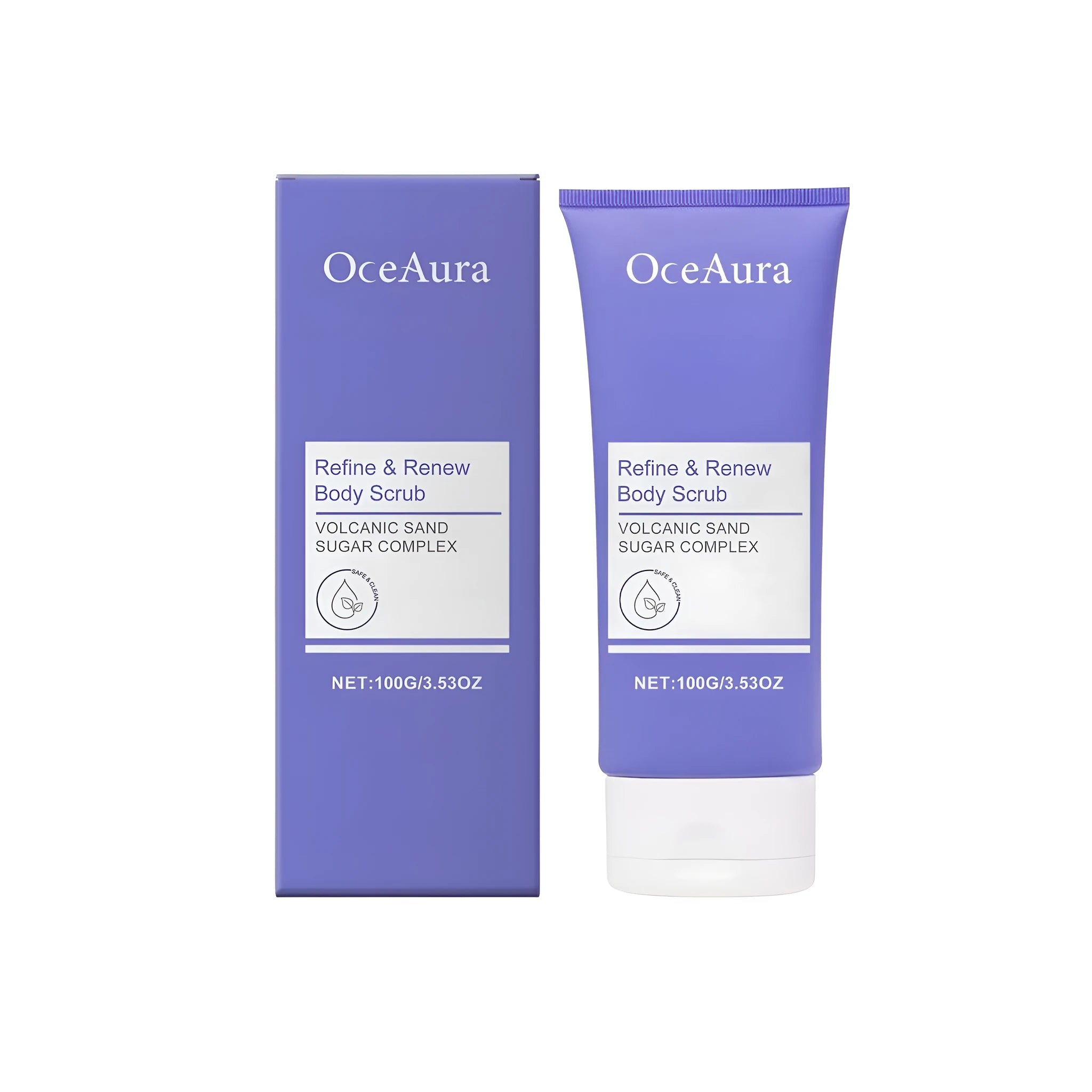 Refine Renew Body Scrub 100g tube with ingredients including walnut shell powder, volcanic ash, and hibiscus extract