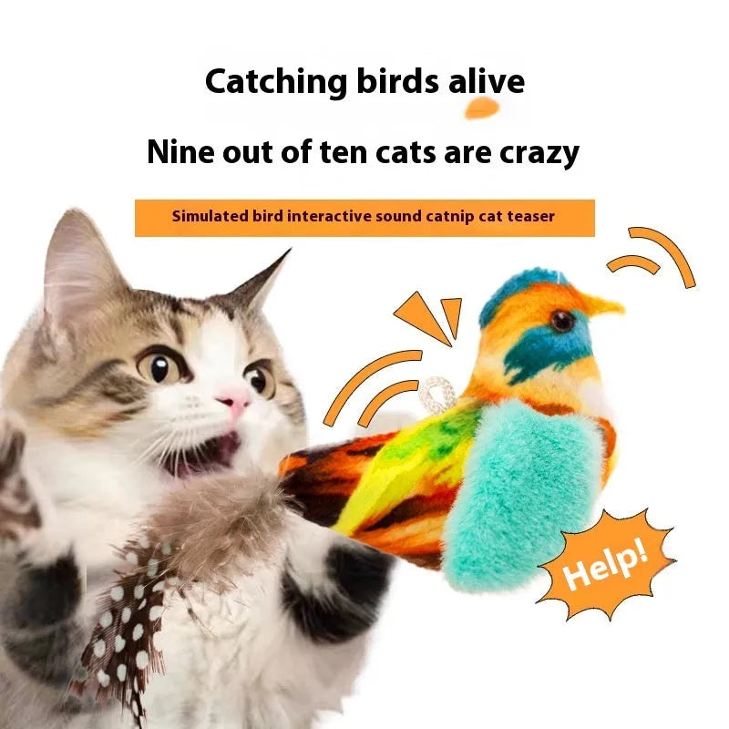 Simulation bird cat plush toy in colourful bird design, made from soft plush material for kitten play