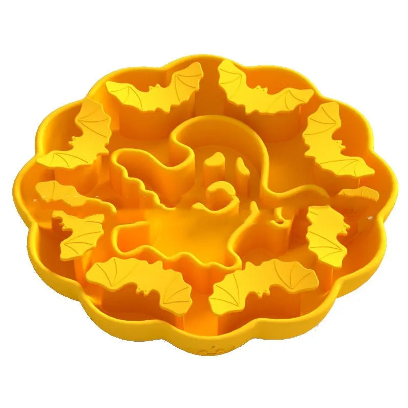 Anti-choke slow feeding dog bowl in edible silicone, Halloween green colour, square shape with raised internal patterns