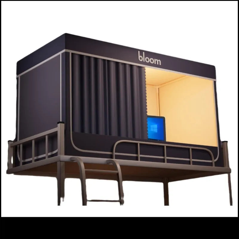 Gentleman grey bed curtains with integrated mosquito net for 0.9m beds showing five-side shading design