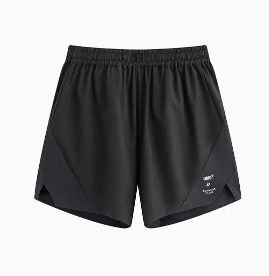 Black running shorts with laser stitching detail on a grey background.