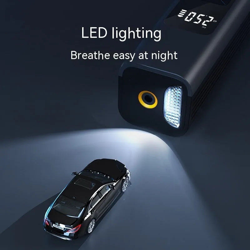 Wireless digital display car air pump with vacuum cleaner function and emergency lighting