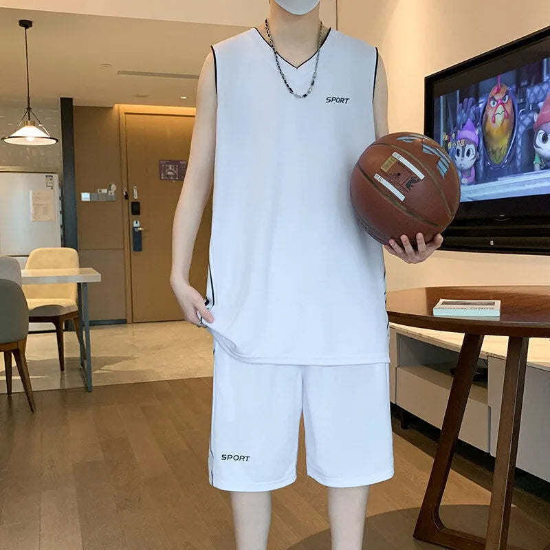 Basketball wear short sleeve vest leisure sports suit in polyester fibre, sleeveless top and shorts, summer men's activewear set