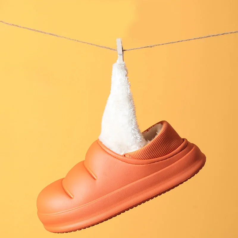 Couple cotton slippers with waterproof EVA sole and warm plush lining in various colours for winter home and garden use