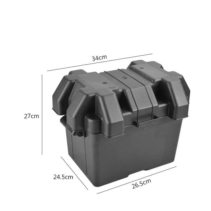 Battery storage box in black PP plastic with strap and base screw fixing, small size shown