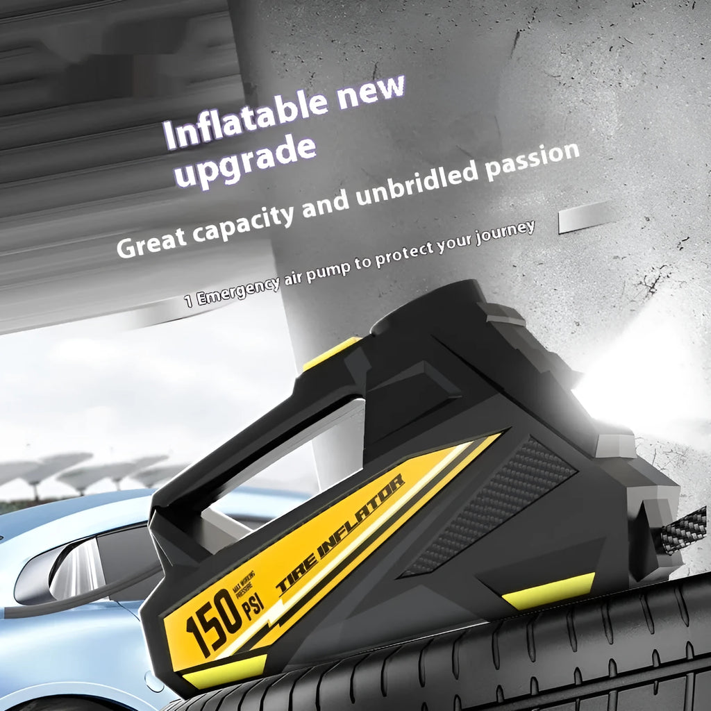 Black portable digital tyre inflator with display and LED light for 12V car use.