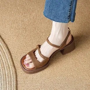 Women's open toe square toe retro platform sandals in milky white colour with rubber sole