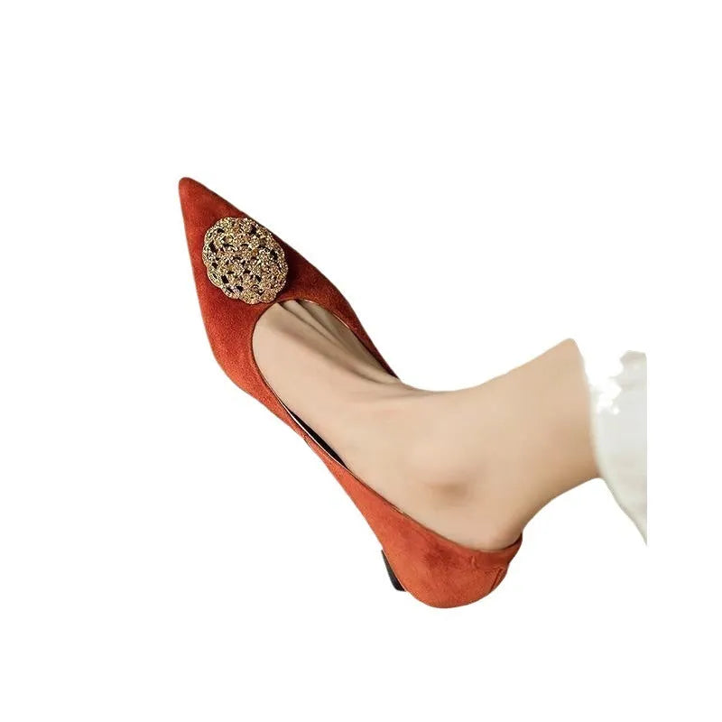 French style women's stiletto pointed-toe shoes in black suede with rubber outsole and shallow mouth design