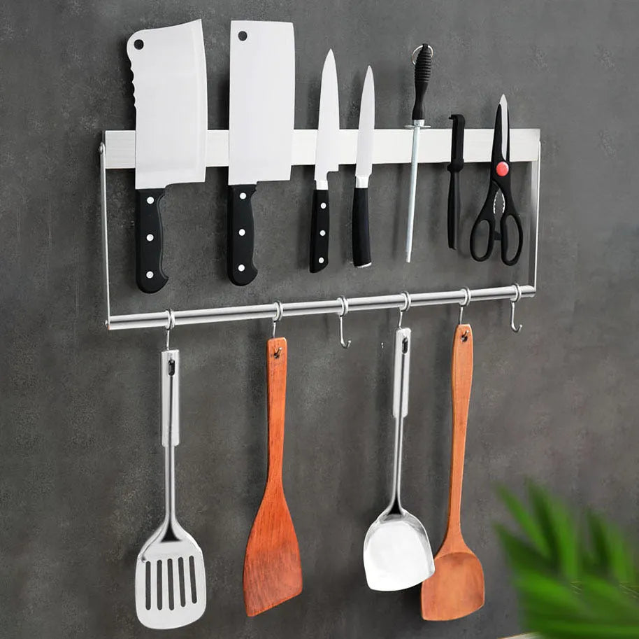 Stainless steel wallmounted knife storage rack with multiple length options for kitchen organisation