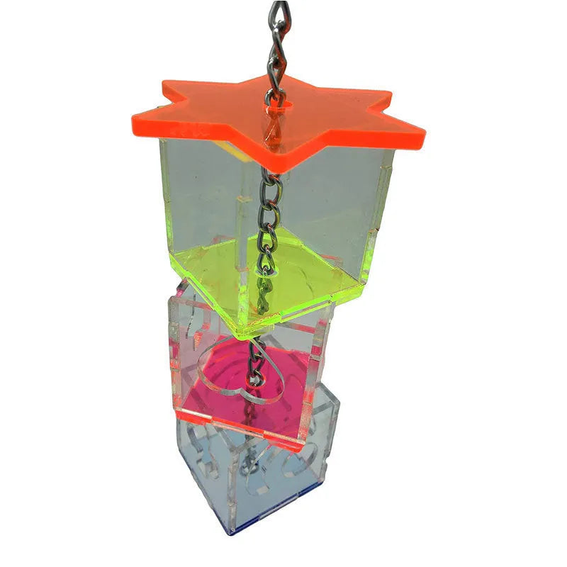 Clear acrylic parrot foraging toy measuring 5 cm by 5 cm by 32 cm for bird enrichment