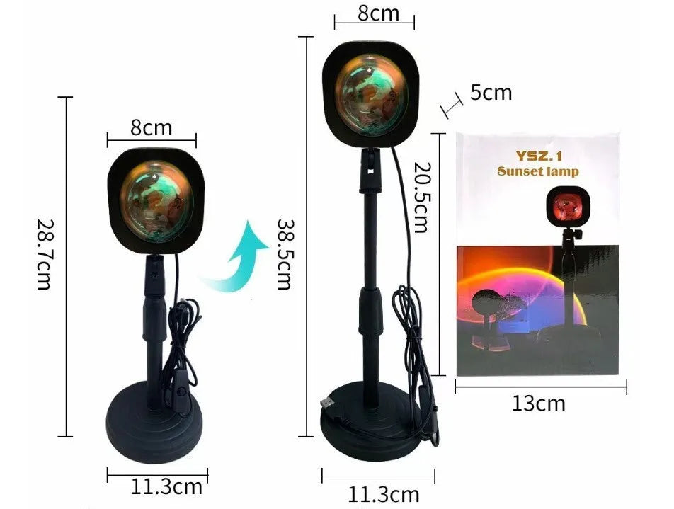 Rechargeable sunset red projection lamp casting rainbow light with push-button switch and USB cable
