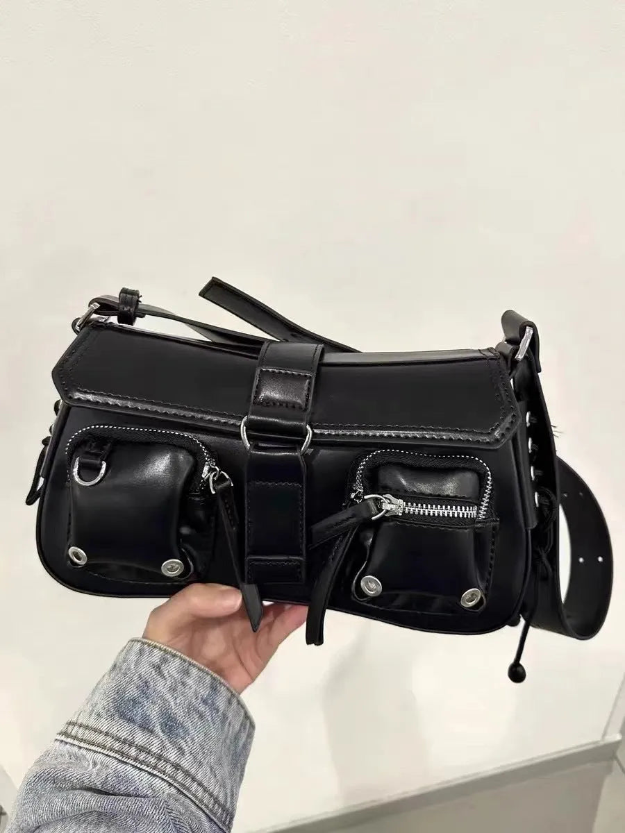Black PU leather baguette messenger bag with adjustable crossbody strap and zippered compartment