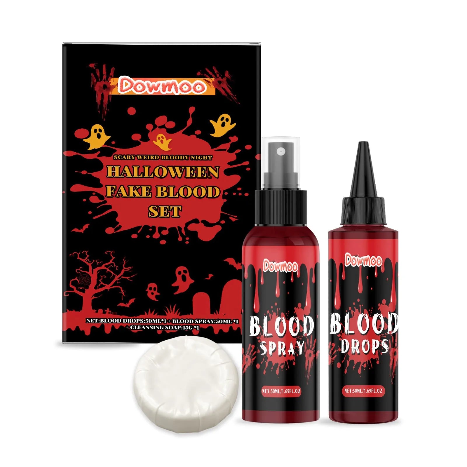 3-piece washable fake blood special effects makeup set with plasma drops, spray, and surface soap