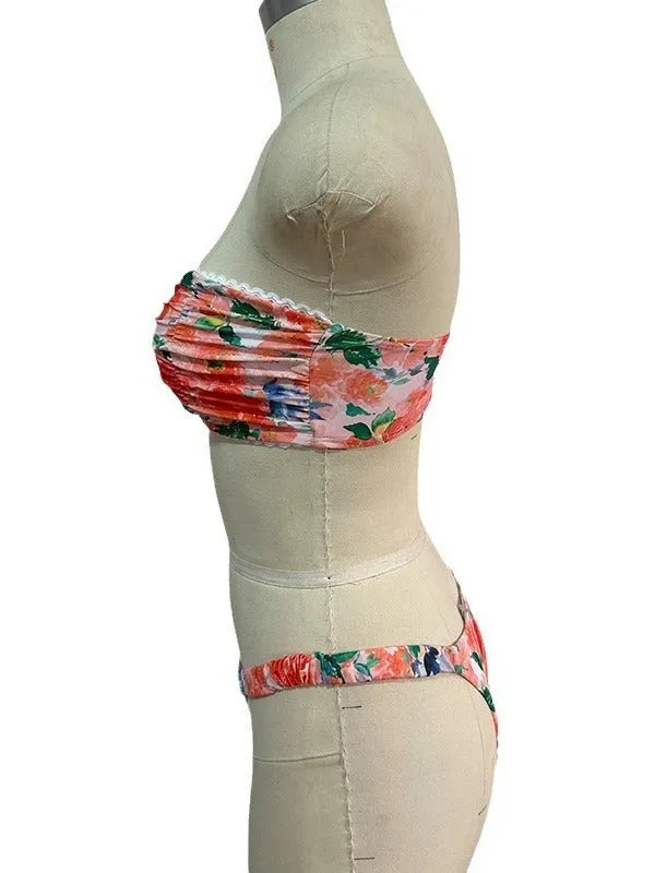 Women's floral lace trim bikini set with sleeveless tube top and matching briefs in backless design