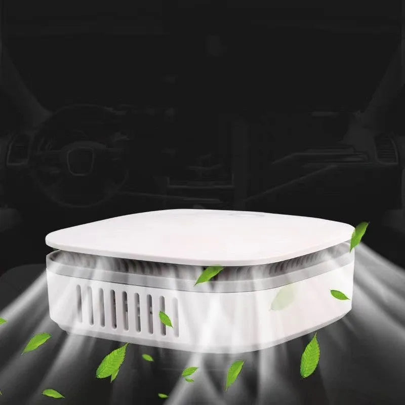 White USB-powered car air purifier with negative ion sterilisation and composite filter.