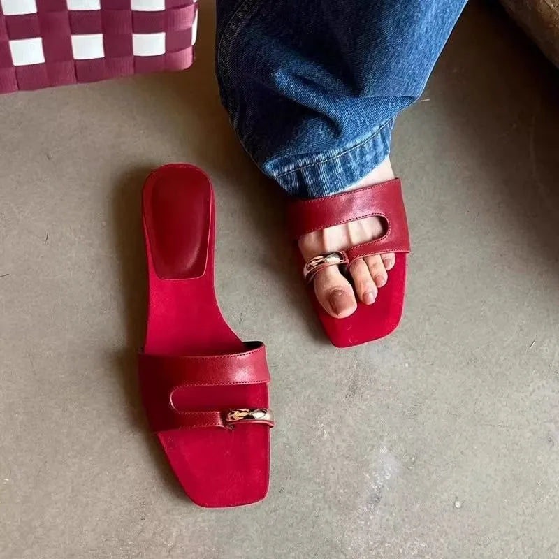 Plus size square head outdoor slippers in black with leather upper and rubber sole