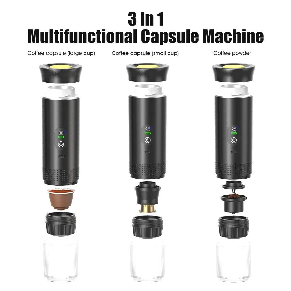 Portable electric capsule coffee machine with LCD display and 80ml water tank, in a car cup holder, black colour, battery powered