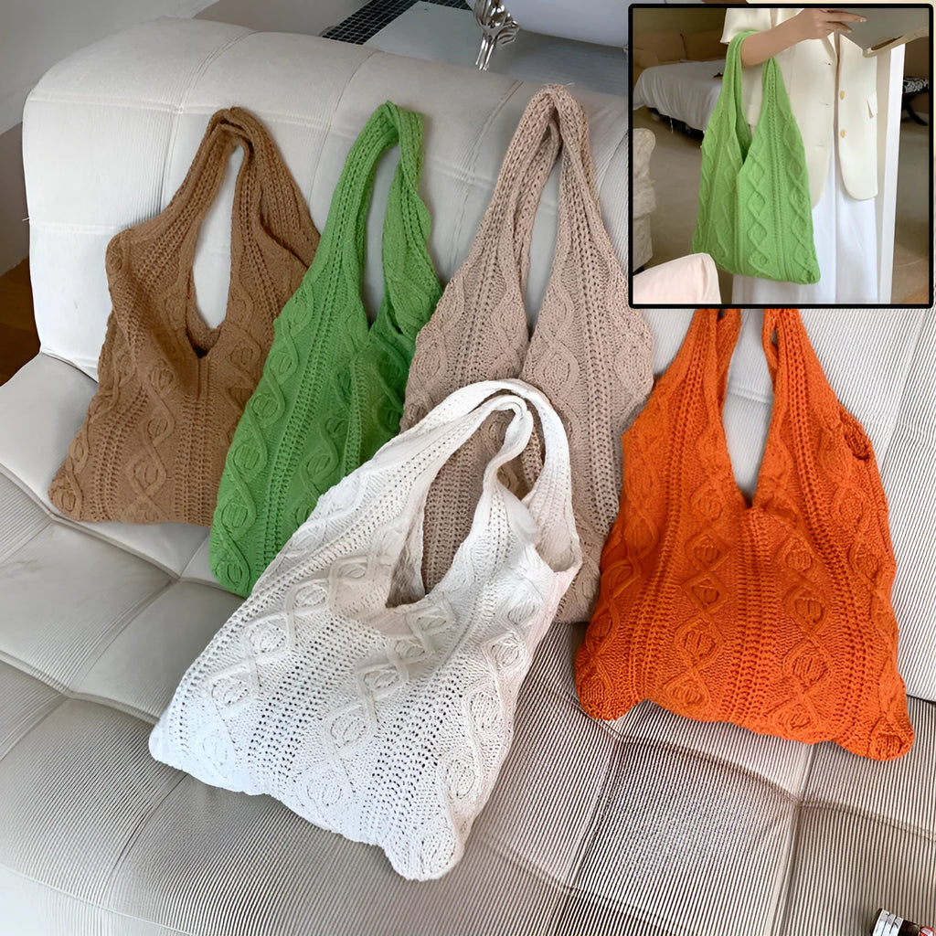 Retro hollow-knitted women's shoulder tote bag in a solid colour with double straps.