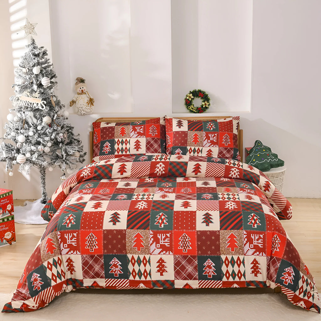 Christmas red plaid European style bed cover three-piece bedding set laid on a bed