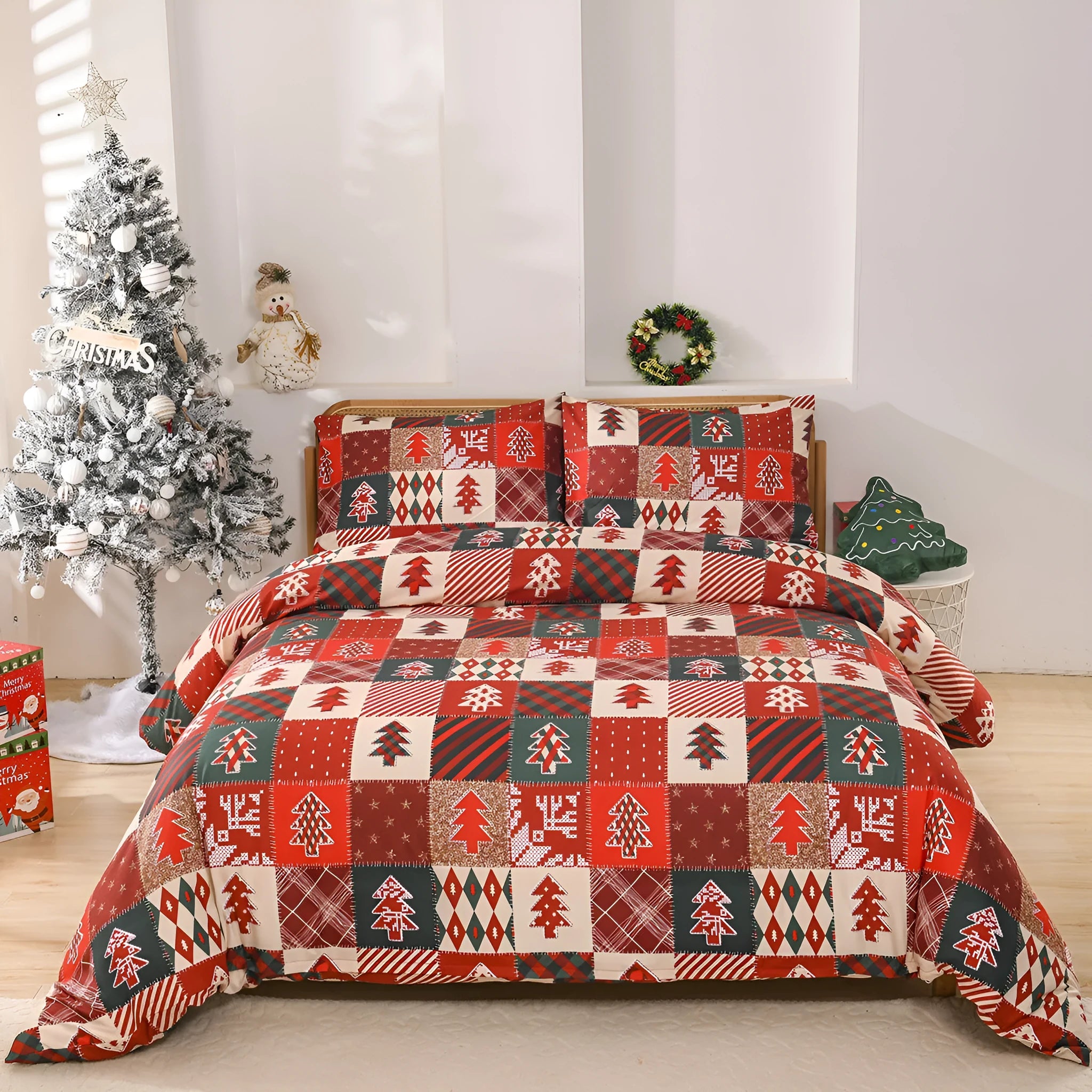 Christmas red plaid European style bed cover three-piece bedding set laid on a bed
