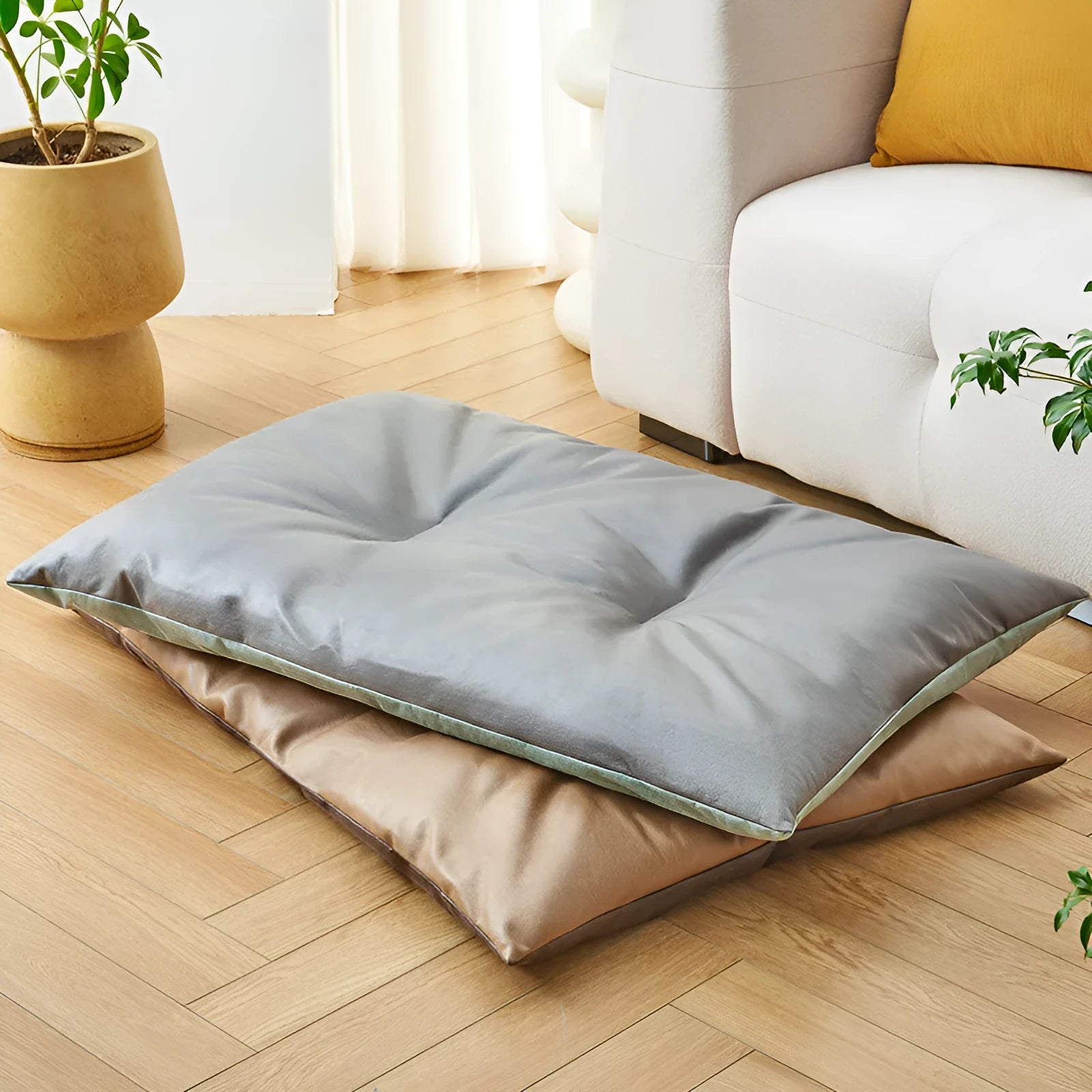 Cool summer cat nest sleeping mat in blue, size M, on a light floor