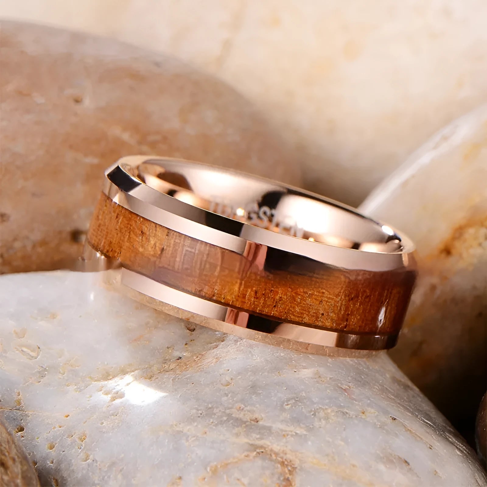 Ugyen tungsten men's ring with wood and leather design in 8mm rose gold or steel finish