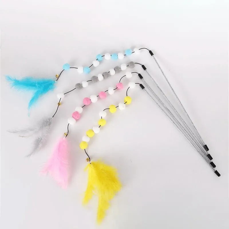 Blue cat teaser interactive toy rod with bell and pompon feather, 31cm long