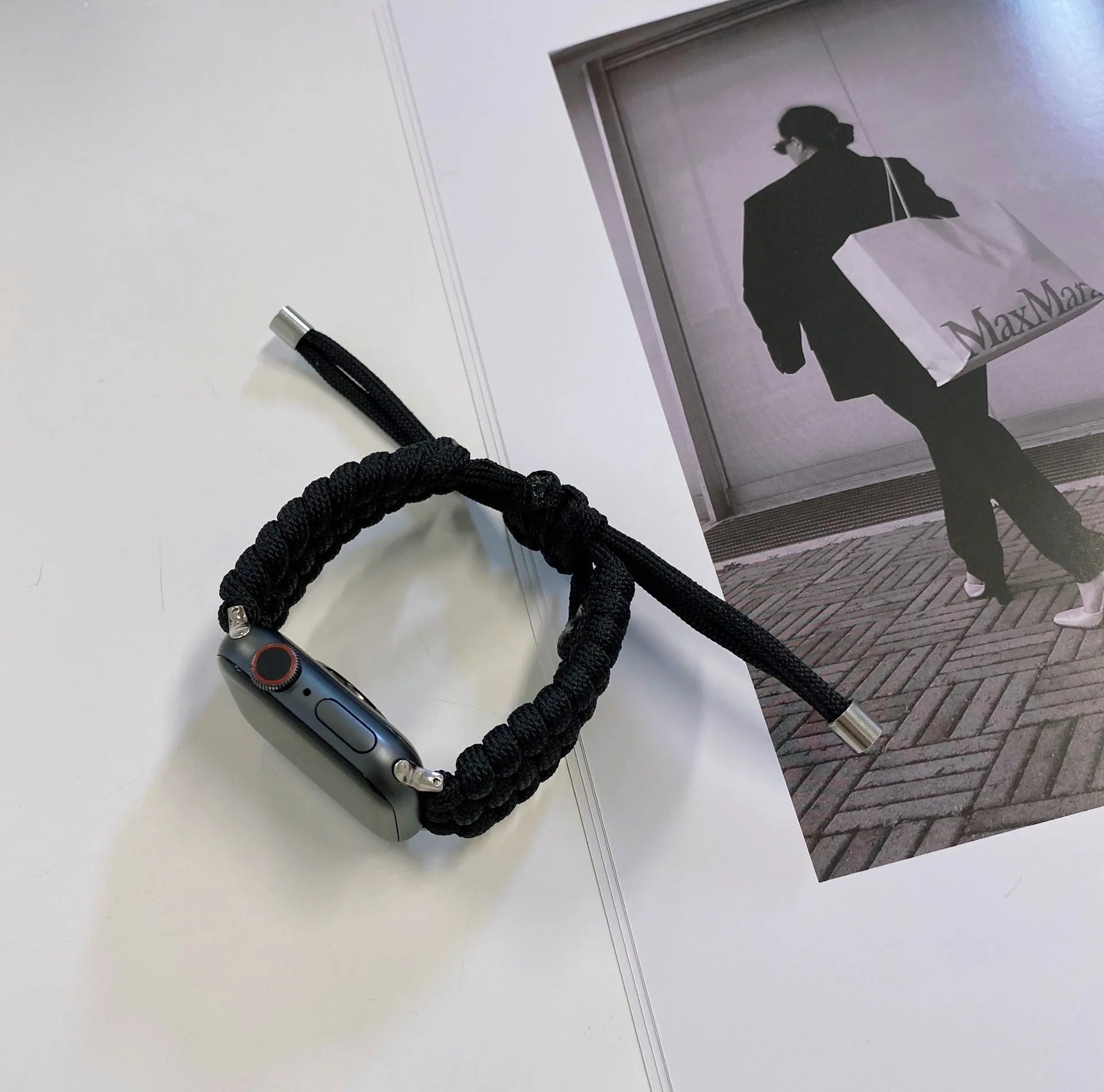 Braided paracord smart watch strap in black colour compatible with Apple Watch Samsung Huawei models