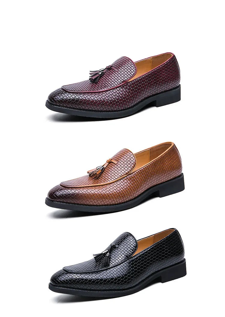 Men's black pointed slip-on shoes with tassel detail on artificial PU upper