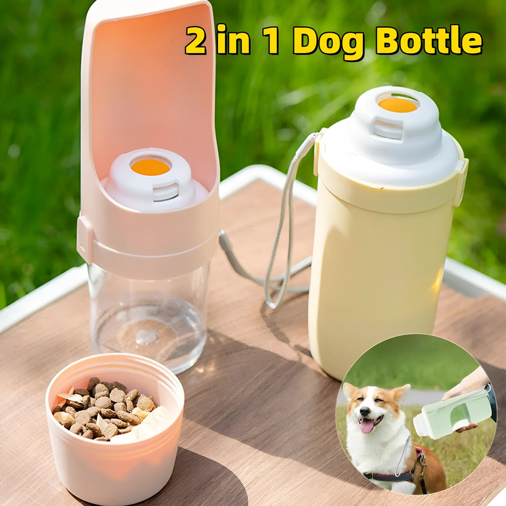 2 In 1 Travel Dog Water Bottle 690ml PP PET pet water dispenser feeder with lanyard for outdoor walks
