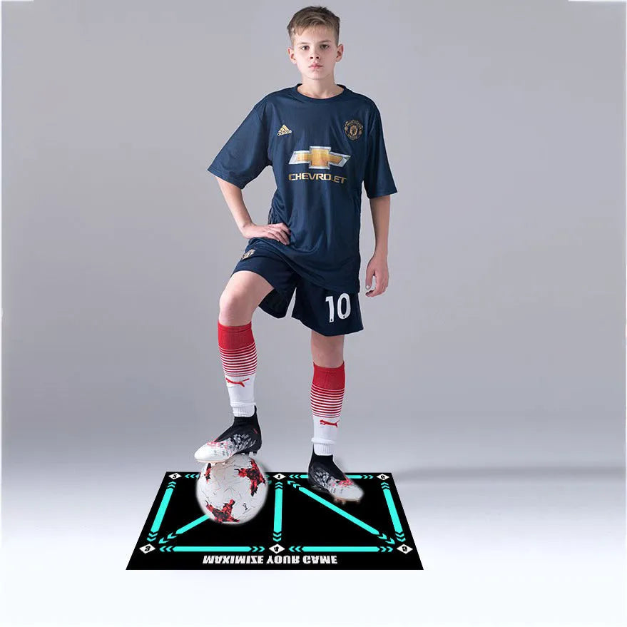 Black rectangular football training mat with non-slip backing for practice drills